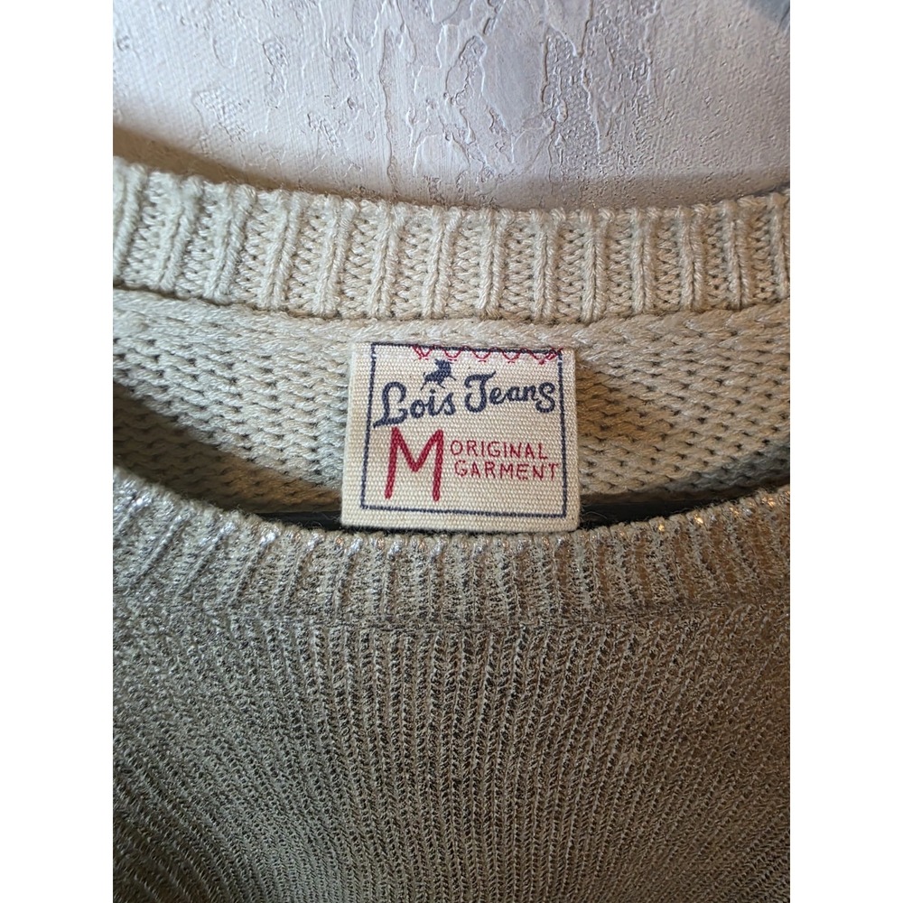 LOIS JEANS Metallic Ivory Shimmer Knit Pullover Sweater Womens Size Small - Picture 3 of 11